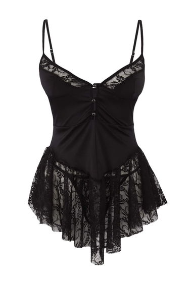 Black Jersey Buttoned Plain Cupless Babydoll