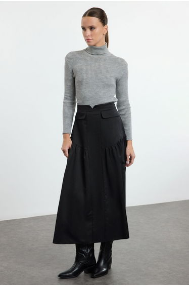 Black Ruffle Detailed Cotton Woven Skirt