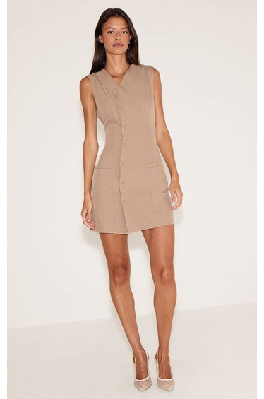 Taupe Tailored Woven Button Down Shift Dress