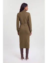 Slinky Drape Knitted Banana Sleeve Funnel Neck Midi Dress - 1