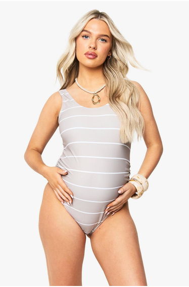 Maternity Stripe Ruched Bump Support Swimsuit - stone