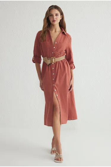 Camel Belted Striped Midi Woven Shirt Dress