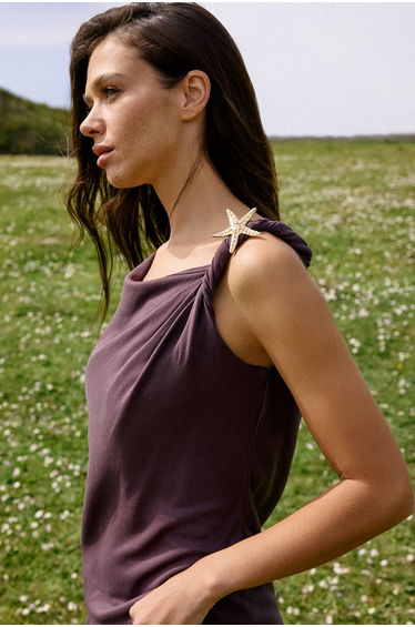 Plum Fitted/Bodycon Asymmetric Neckline Accessory Detail Modal Knitted Blouse