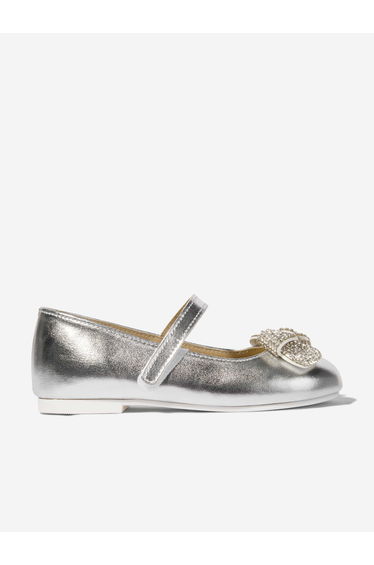 BABYWALKER Girls Leather Crystal Bow Ballerinas in Silver