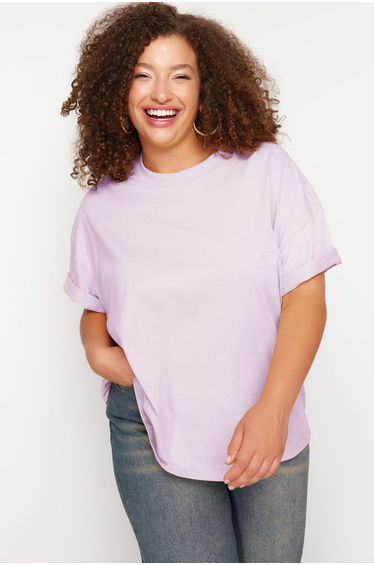 Purple Collar Ribbed Wide Pattern Basic 100% Cotton Knitted T-shirt
