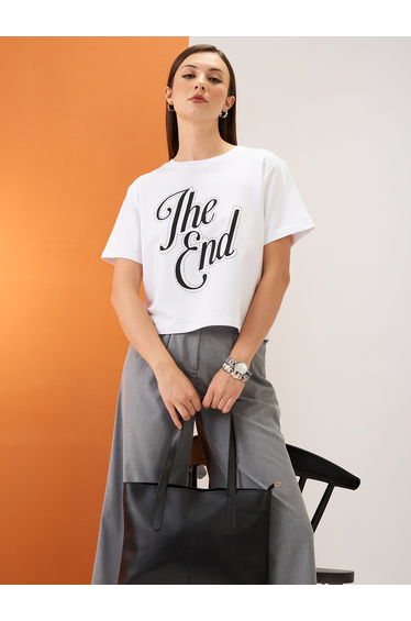 White Slogan Print Embellished Crop T-Shirt