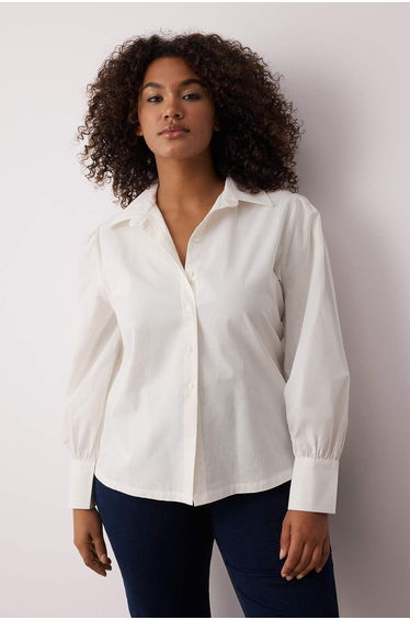 White Balloon Sleeve Cotton Regular Regular Pattern Woven Shirt