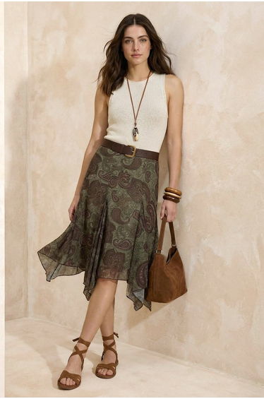 Multi-Colored Floral A-Line/Bell-Shaped Flared/Ruffled Regular Waist Midi Tulle Knitted Skirt