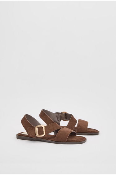 Sandie Faux Suede Buckle Detail Asymmetrical Flat Sandals