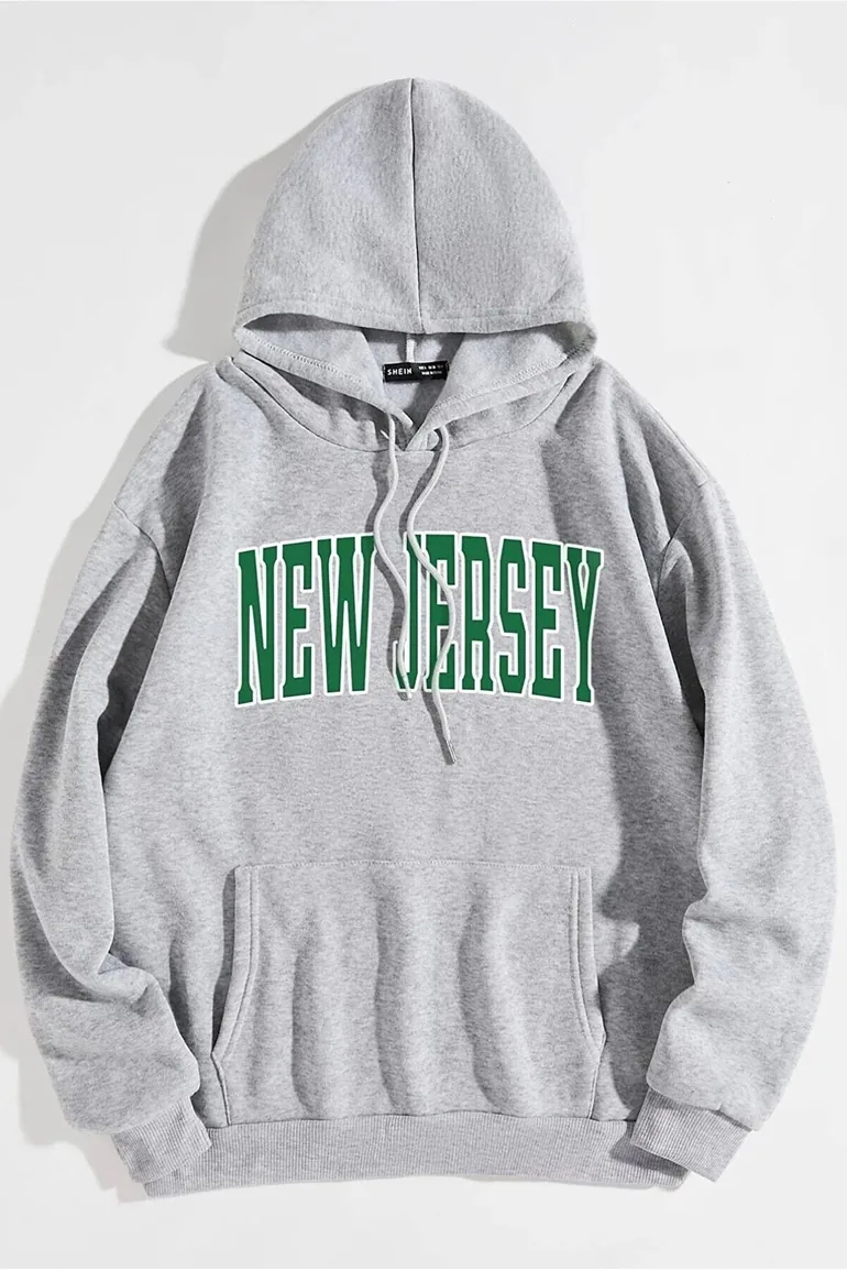 Unisex Oversize Gray New Jersey Printed Hooded Sweatshirt