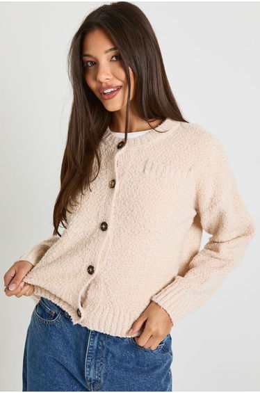 Boucle Knitted Button Front Pocket Detail Cardigan - stone