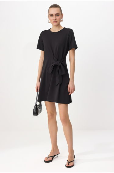 Black Plain A-Line Crew Neck Standard Sleeve Short Mini Cotton Lu Stretchy Knitted Dress