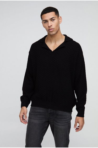 Oversized Boxy Revere Collar Basket Knitted Polo - black