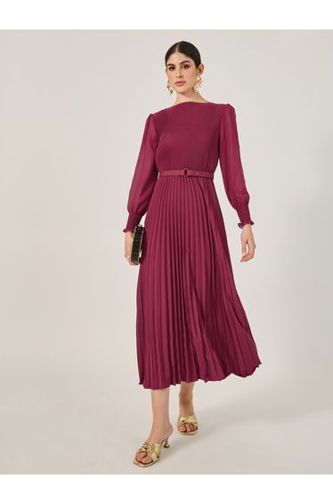 Accordion Pleated Cuffed Sleeves A-Line Dress