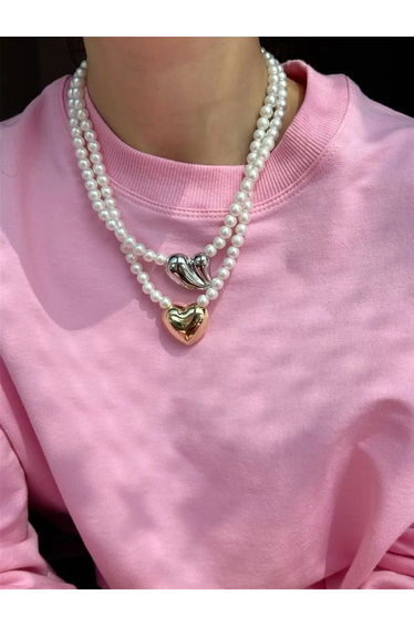 Pack of 2 - Pearl Necklace with Heart Pendants