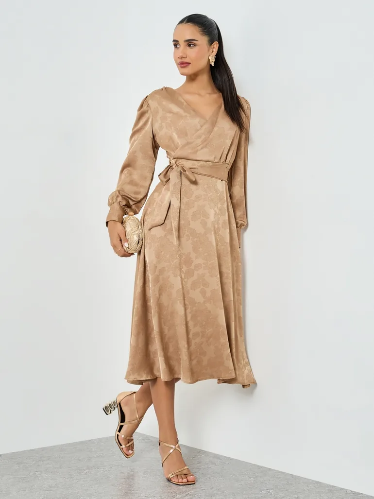 jacquard wrap midi dress Women's Satin Jacquard Wrap Detail Midi Dress, Green