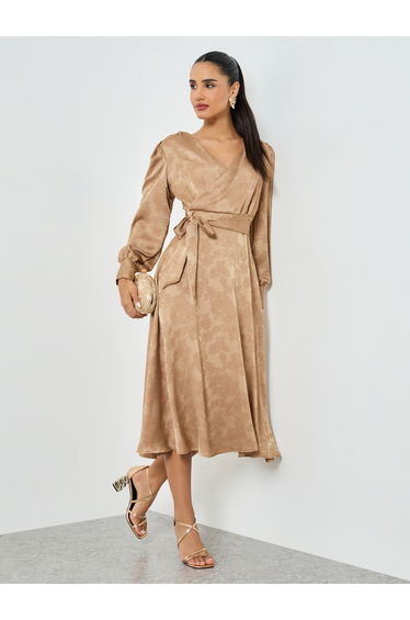 Beige Jacquard Wrap Midi Dress
