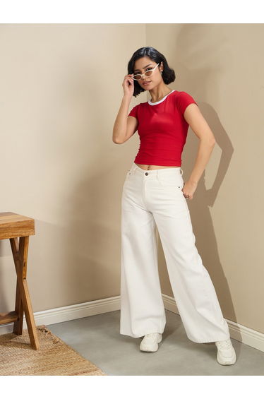 Women Red Contrast Round Neck Fitted Crop T-Shirt