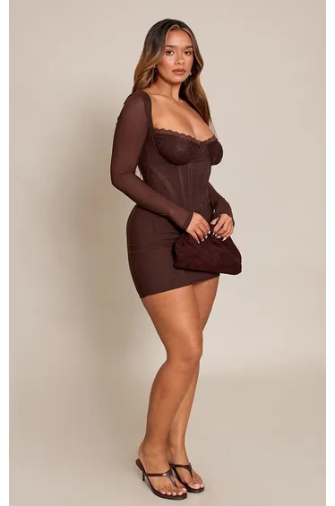 Shape Chocolate Mesh Lace Insert Corseted Mini Dress