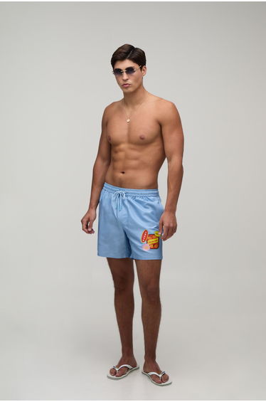 Sticker Print Mid Length Swim Short - baby blue