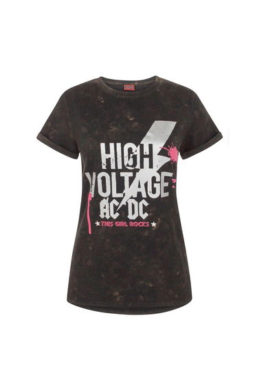 AC/DC Womens/Ladies High Voltage Acid Wash T-Shirt - Black
