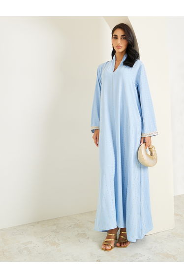 Women Foil Print Jalabiya with Lace Sleeve