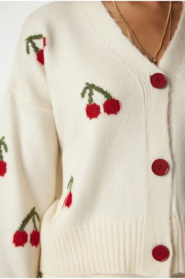 Women's Cream Claret Red Patterned Knitwear Cardigan BV00101