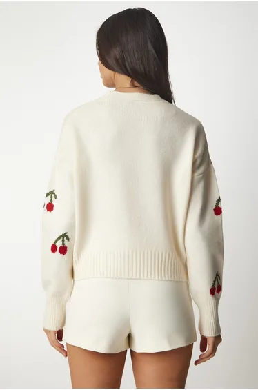 Women's Cream Claret Red Patterned Knitwear Cardigan BV00101