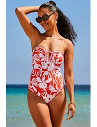 Orange Floral Print Bandeau Halter Neck Swimsuit - 3