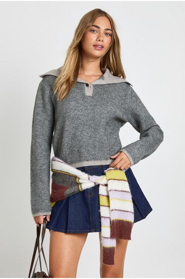 Oversized Collar Button Down Knitted Jumper - grey