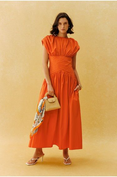 The Best Part Orange Ruched Cap Sleeve Maxi Dress