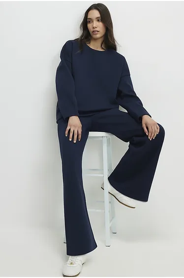 بنطلون رياضي تويل بأرجل عريضة - كحلي