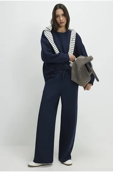 بنطلون رياضي تويل بأرجل عريضة - كحلي