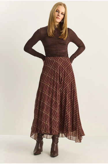 LUCCI High Waist Maxi Chiffon Plaid Skirt