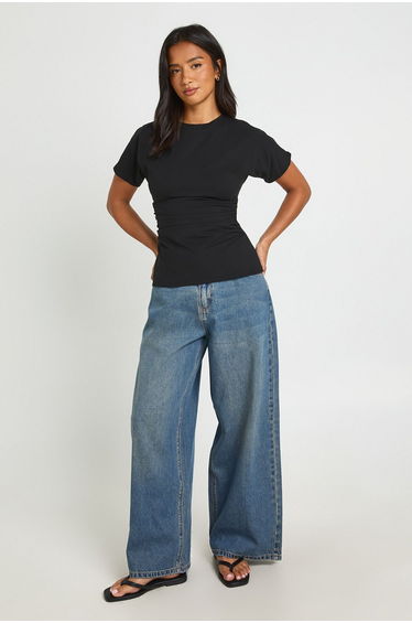 Petite Jersey Ruched Waist Cap Sleeve T-Shirt - black