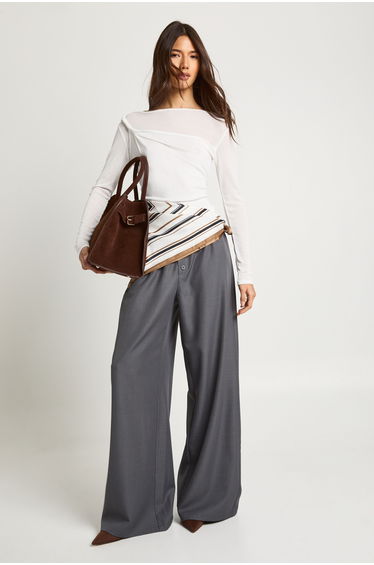 Button Detail Tailored Wide Leg Trousers - charcoal