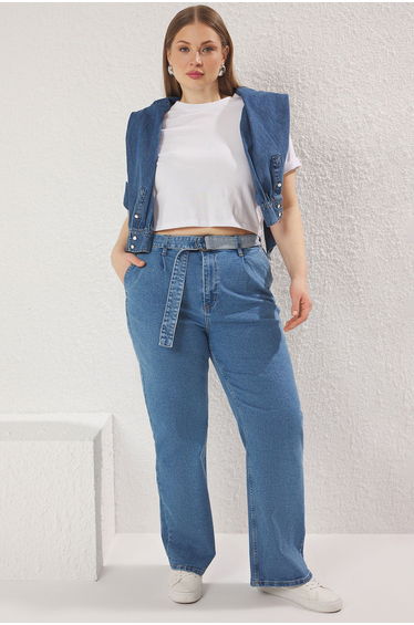 Light Blue High Waist Belted Wide Leg Comfort Plus Size Wide Leg Jean