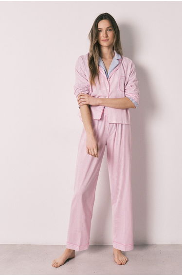 Pink cotton striped long classic pyjamas