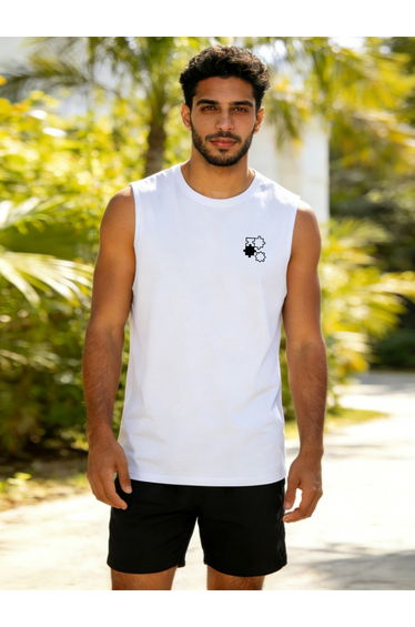 Men White Printed Round Neck Tank and Shorts Co-Ords