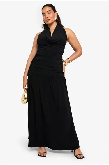Plus Double Layer Ruched Cowl Detail Maxi Dress - black