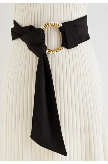 Pearl Trim O-Ring Velvet Belt in Black