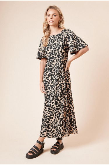 Petite Angel Sleeve Mono Leopard Midi Dress