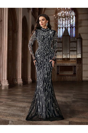 QOQ Black Sequin Chiffon Evening Gown