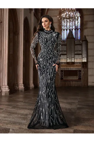 QOQ Black Sequin Chiffon Evening Gown