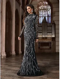 QOQ Black Sequin Chiffon Evening Gown - 2