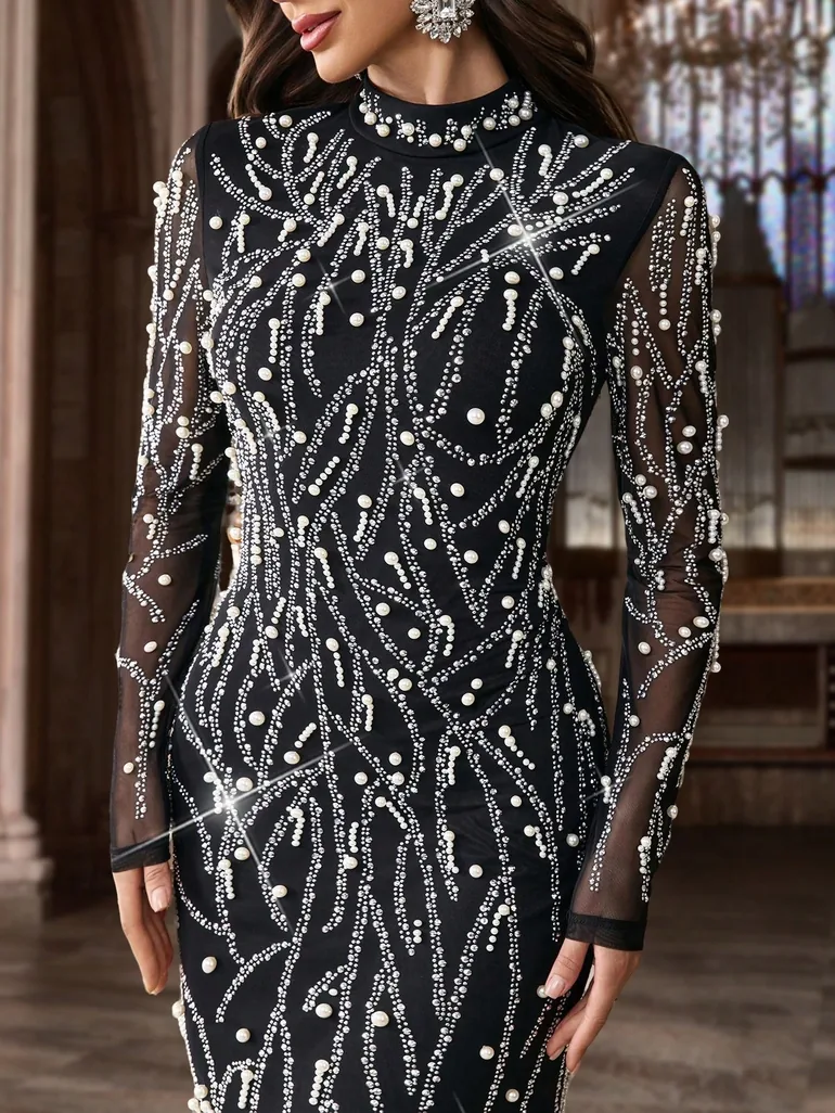 QOQ Black Sequin Chiffon Evening Gown - 3