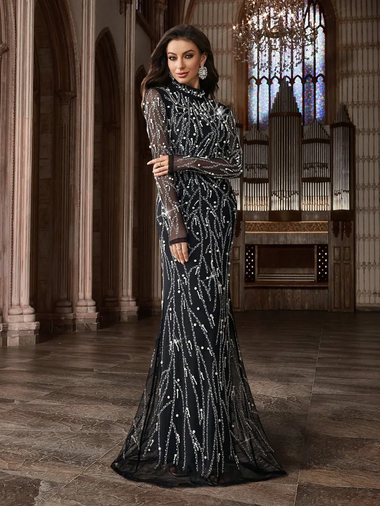 QOQ Black Sequin Chiffon Evening Gown - 4