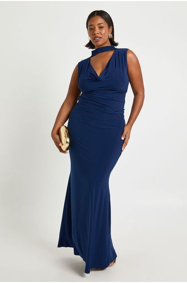 Plus Cowl Neck Scarf Detail Top And Collumn Maxi Skirt - navy