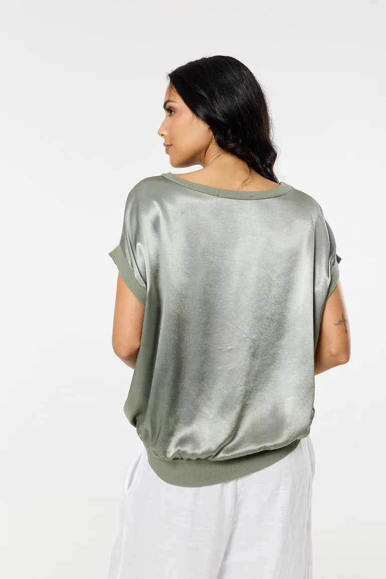 Green Satin Short Sleeve Blouson Top - 8