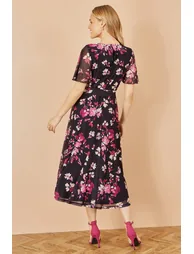 Yumi Black Mesh Skater Floral Midi Dress - Black / 8 - 9